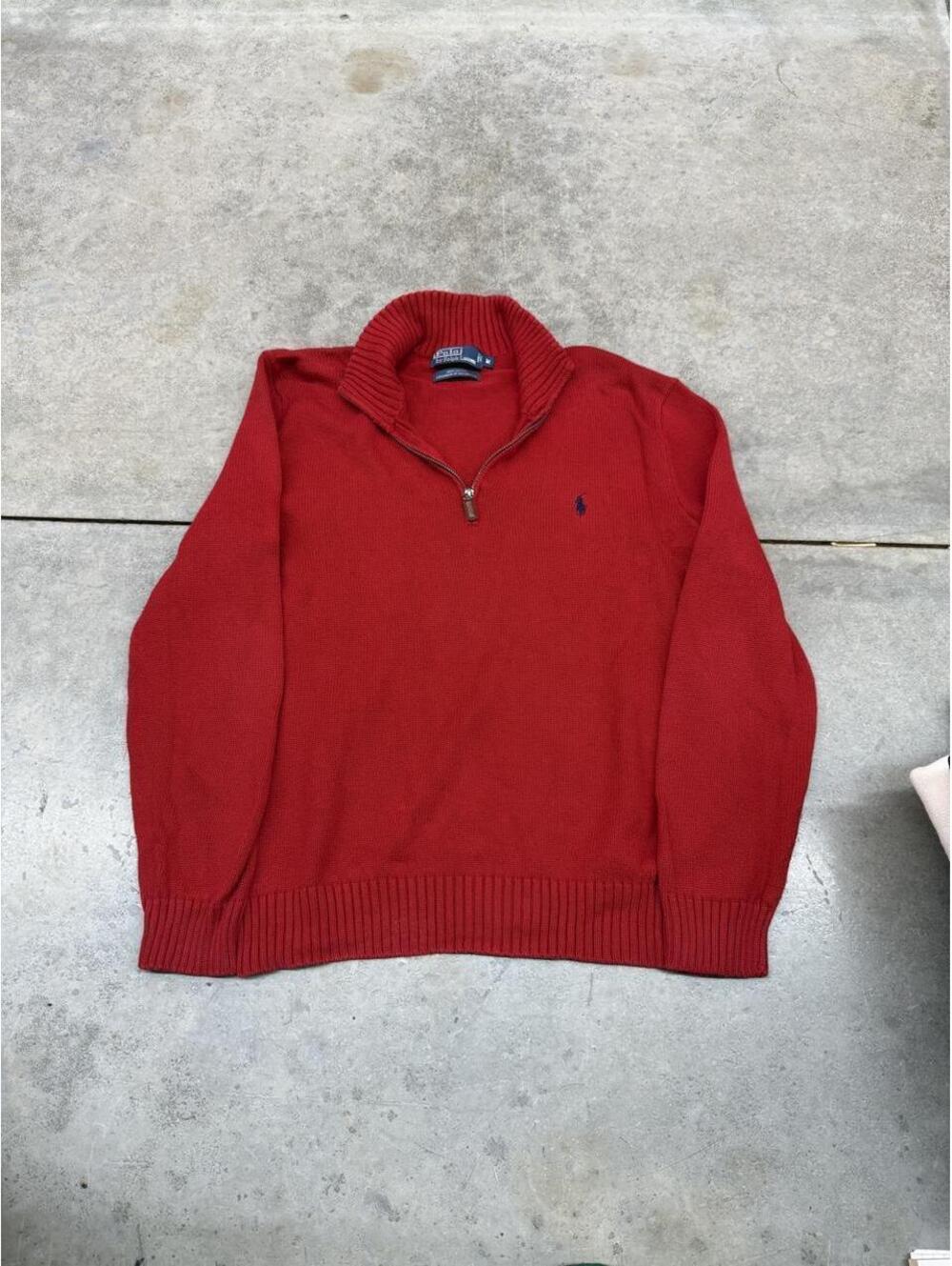 vintage polo ralph lauren red and navy quarter zip sweater size medium